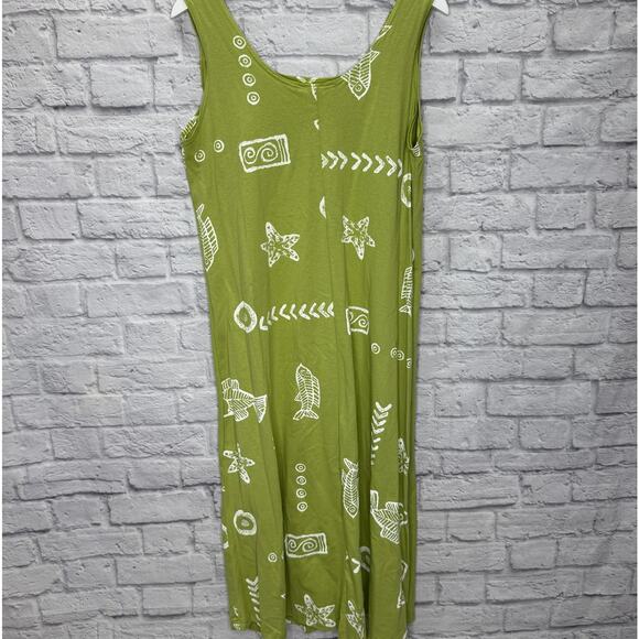 VTG Kisses & Hugs Sleeveless Midi Dress Size XL Lime Green Fish Stars Painted - Picture 4 of 5